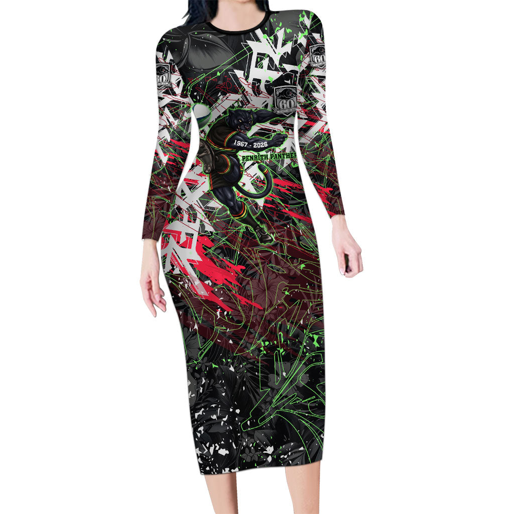 Personalised Penrith Panthers 60th Anniversary Long Sleeve Bodycon Dress Abstract Graffiti - Dynamic Mascot Illustration 2026