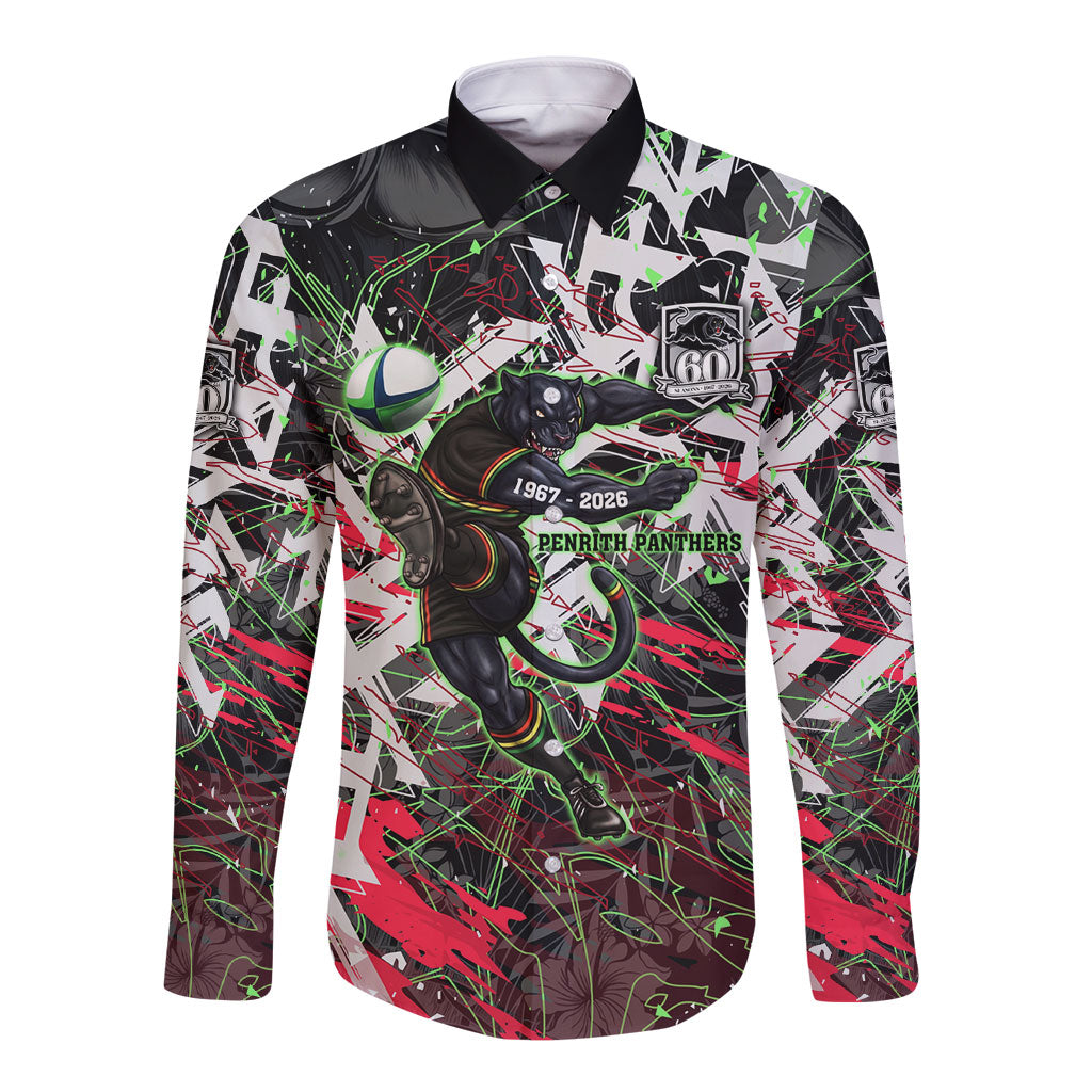 Personalised Penrith Panthers 60th Anniversary Long Sleeve Button Shirt Abstract Graffiti - Dynamic Mascot Illustration 2026