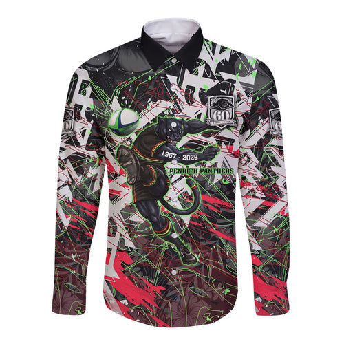 Personalised Penrith Panthers 60th Anniversary Long Sleeve Button Shirt Abstract Graffiti - Dynamic Mascot Illustration 2026