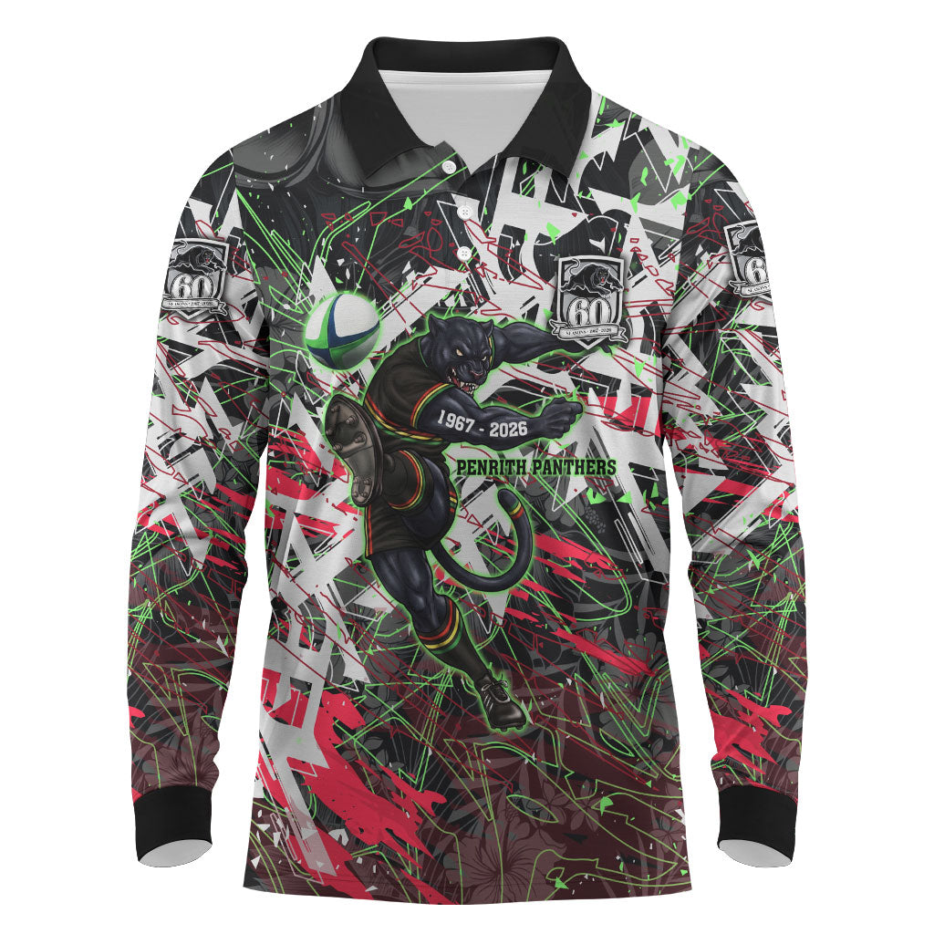 Personalised Penrith Panthers 60th Anniversary Long Sleeve Polo Shirt Abstract Graffiti - Dynamic Mascot Illustration 2026