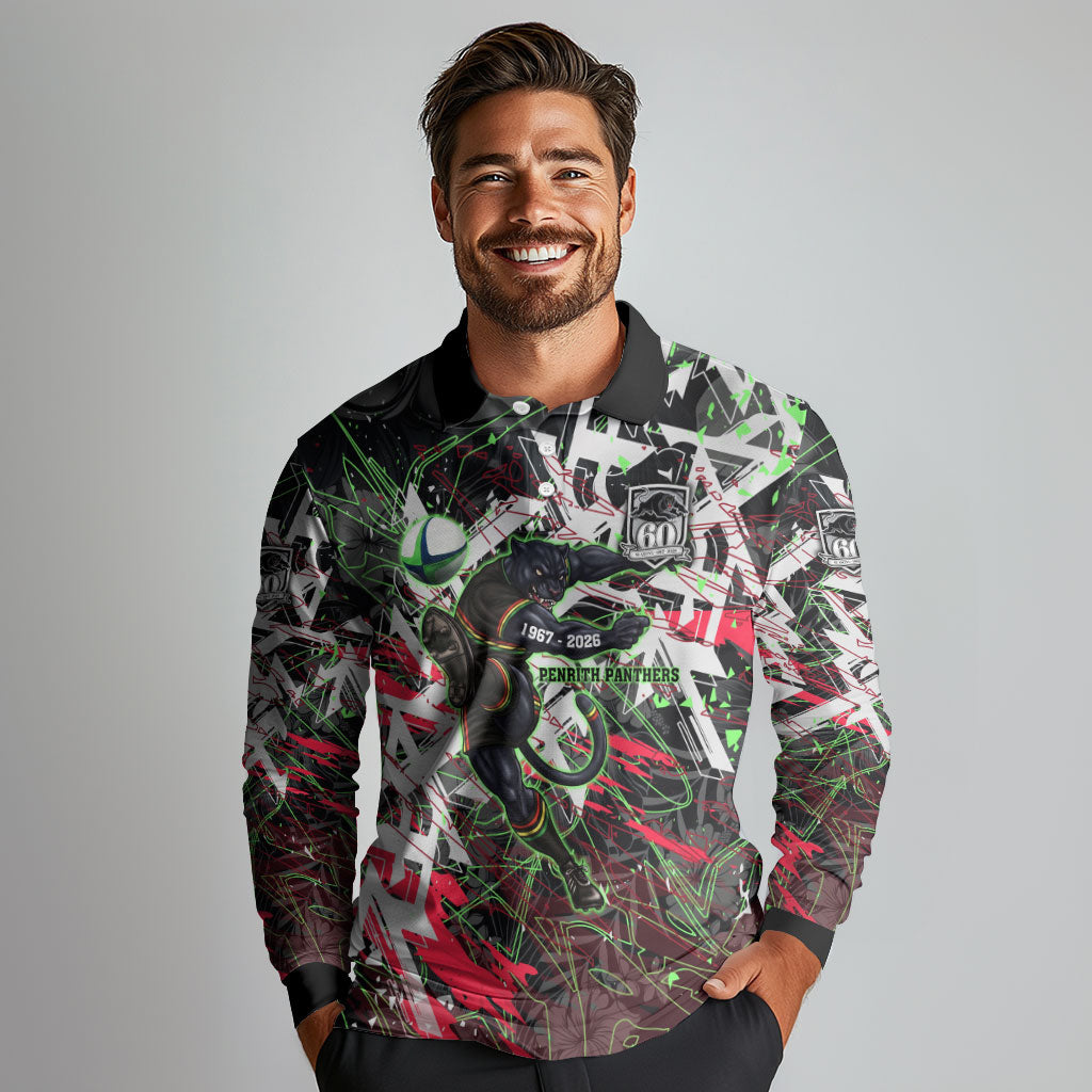 Personalised Penrith Panthers 60th Anniversary Long Sleeve Polo Shirt Abstract Graffiti - Dynamic Mascot Illustration 2026