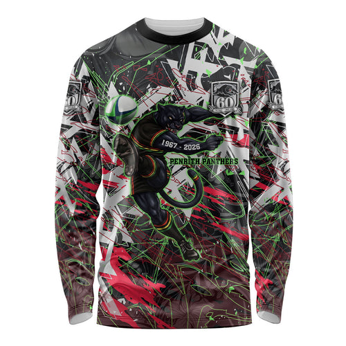 Personalised Penrith Panthers 60th Anniversary Long Sleeve Shirt Abstract Graffiti - Dynamic Mascot Illustration 2026