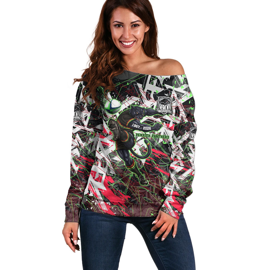 Personalised Penrith Panthers 60th Anniversary Off Shoulder Sweater Abstract Graffiti - Dynamic Mascot Illustration 2026
