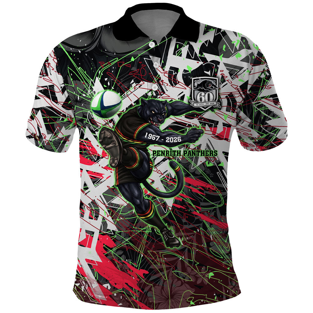 Personalised Penrith Panthers 60th Anniversary Polo Shirt Abstract Graffiti - Dynamic Mascot Illustration 2026