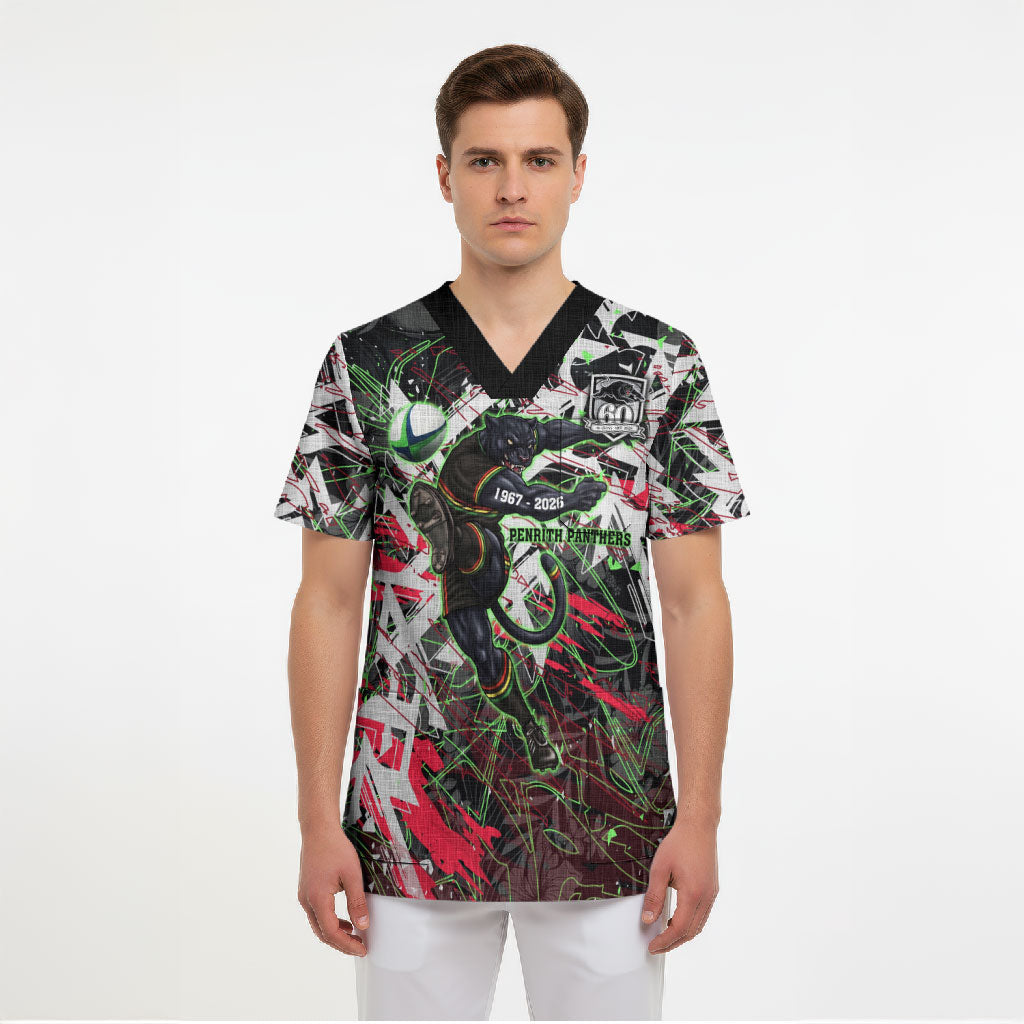 Personalised Penrith Panthers 60th Anniversary Scrub Top Abstract Graffiti - Dynamic Mascot Illustration 2026
