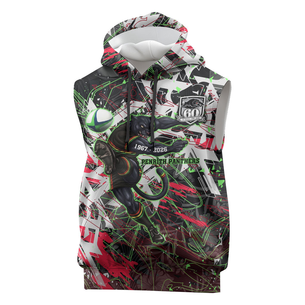 Personalised Penrith Panthers 60th Anniversary Sleeveless Hoodie Abstract Graffiti - Dynamic Mascot Illustration 2026