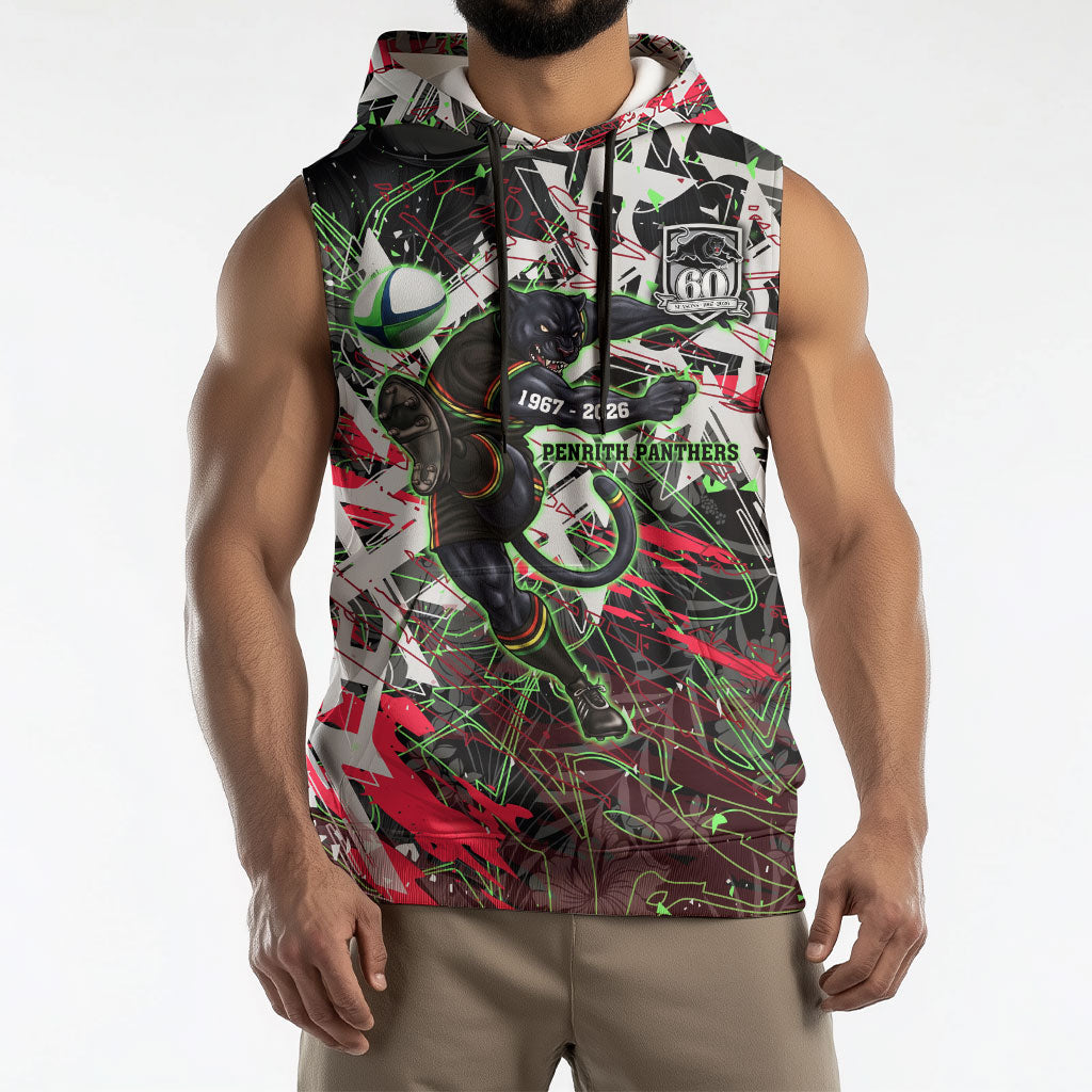 Personalised Penrith Panthers 60th Anniversary Sleeveless Hoodie Abstract Graffiti - Dynamic Mascot Illustration 2026