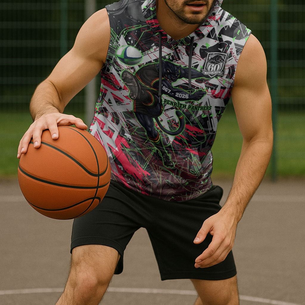 Personalised Penrith Panthers 60th Anniversary Sleeveless Hoodie Abstract Graffiti - Dynamic Mascot Illustration 2026