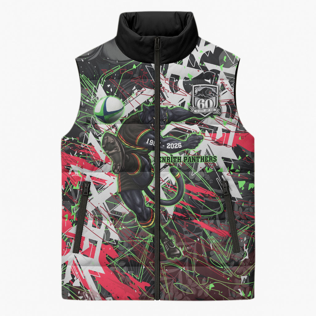 Personalised Penrith Panthers 60th Anniversary Sleeveless Puffer Jacket Abstract Graffiti - Dynamic Mascot Illustration 2026