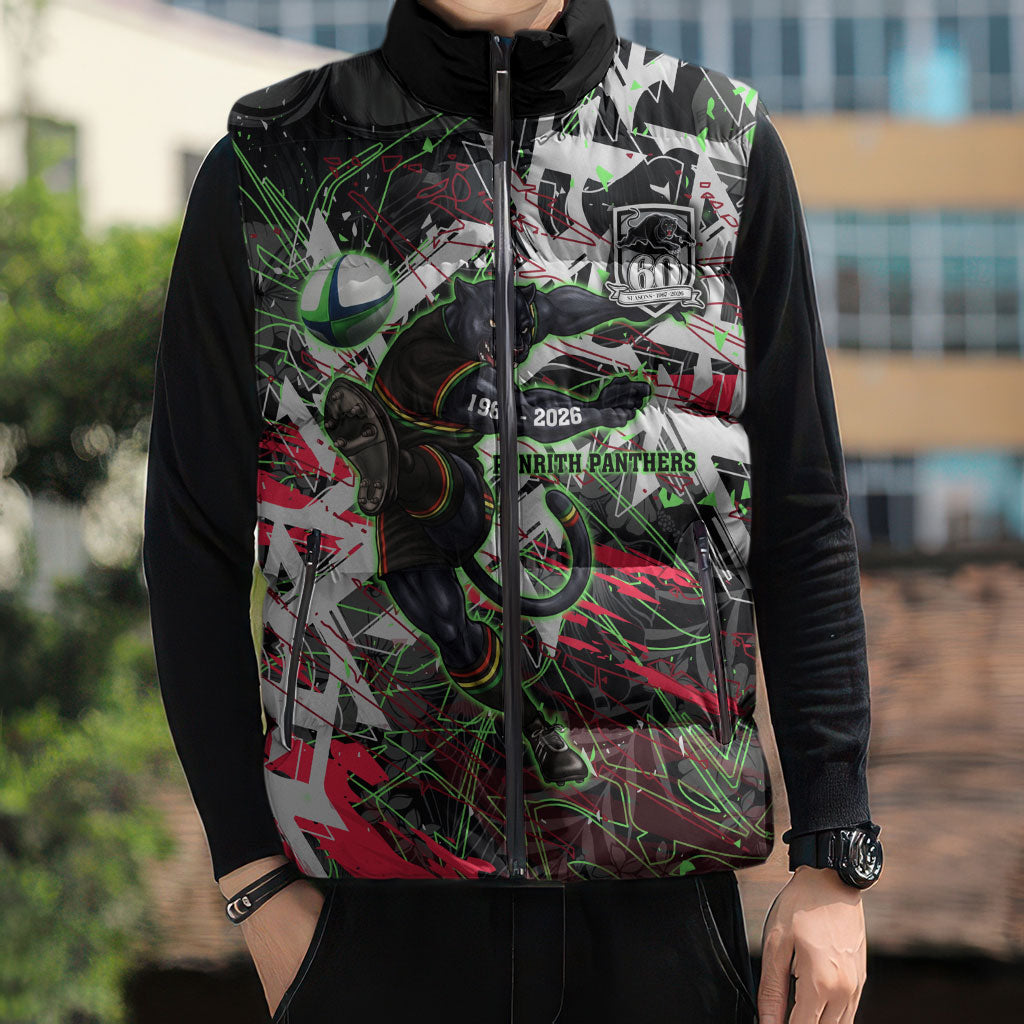 Personalised Penrith Panthers 60th Anniversary Sleeveless Puffer Jacket Abstract Graffiti - Dynamic Mascot Illustration 2026