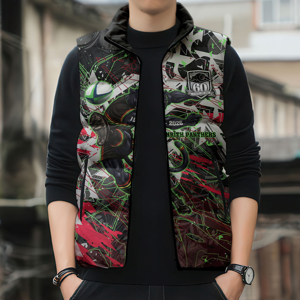 Personalised Penrith Panthers 60th Anniversary Sleeveless Puffer Jacket Abstract Graffiti - Dynamic Mascot Illustration 2026