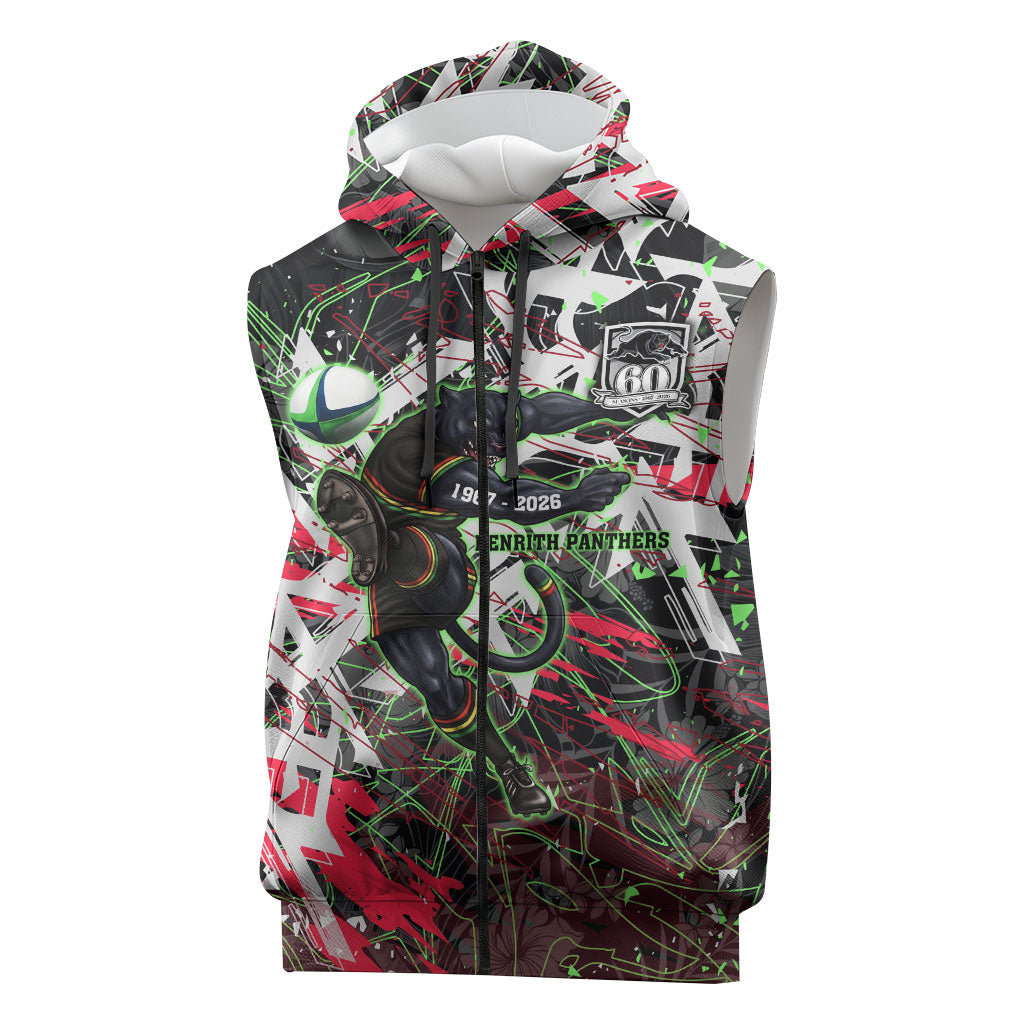 Personalised Penrith Panthers 60th Anniversary Sleeveless Zip Hoodie Abstract Graffiti - Dynamic Mascot Illustration 2026