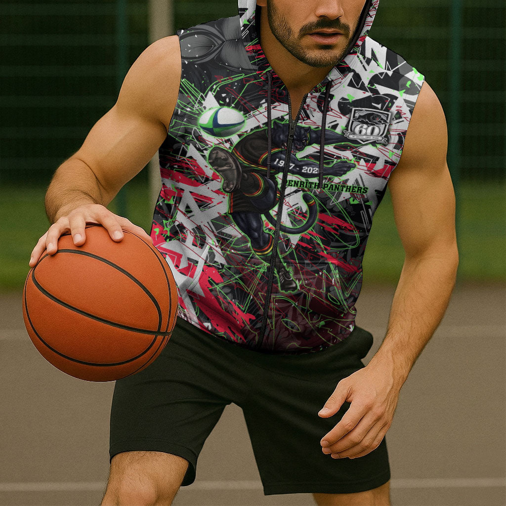 Personalised Penrith Panthers 60th Anniversary Sleeveless Zip Hoodie Abstract Graffiti - Dynamic Mascot Illustration 2026