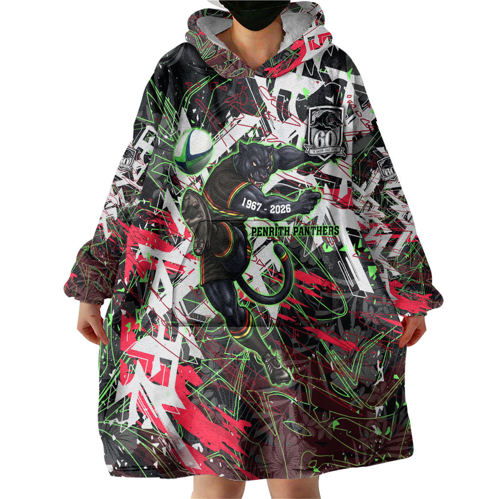 Personalised Penrith Panthers 60th Anniversary Wearable Blanket Hoodie Abstract Graffiti - Dynamic Mascot Illustration 2026