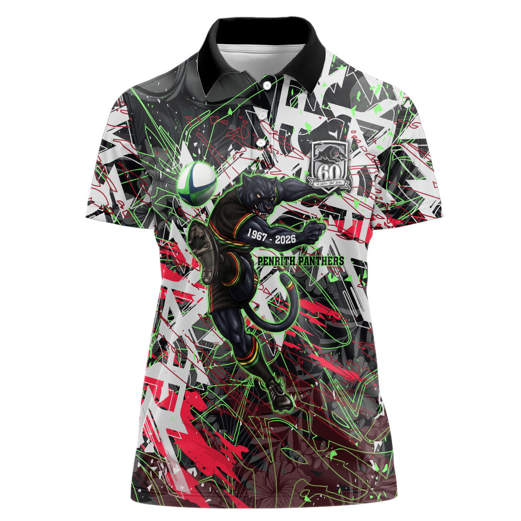 Personalised Penrith Panthers 60th Anniversary Women Polo Shirt Abstract Graffiti - Dynamic Mascot Illustration 2026