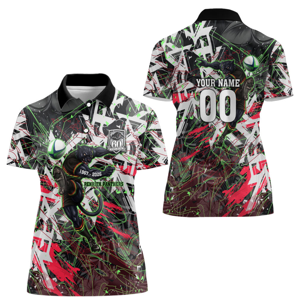 Personalised Penrith Panthers 60th Anniversary Women Polo Shirt Abstract Graffiti - Dynamic Mascot Illustration 2026