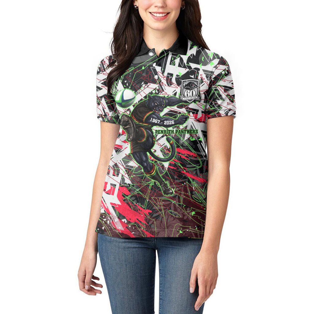 Personalised Penrith Panthers 60th Anniversary Women Polo Shirt Abstract Graffiti - Dynamic Mascot Illustration 2026