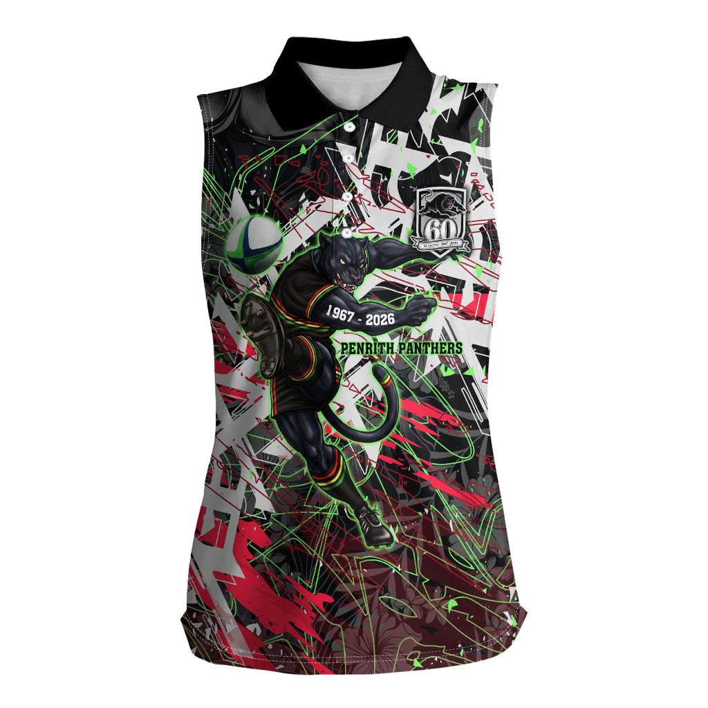 Personalised Penrith Panthers 60th Anniversary Women Sleeveless Polo Shirt Abstract Graffiti - Dynamic Mascot Illustration 2026