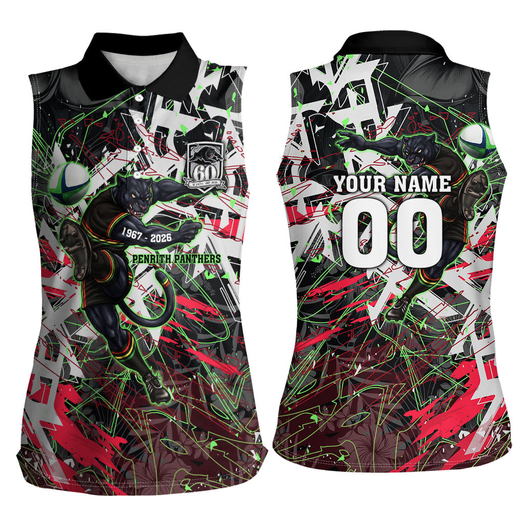 Personalised Penrith Panthers 60th Anniversary Women Sleeveless Polo Shirt Abstract Graffiti - Dynamic Mascot Illustration 2026