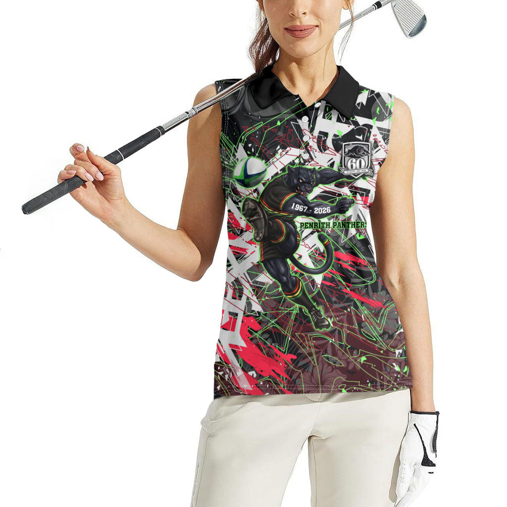 Personalised Penrith Panthers 60th Anniversary Women Sleeveless Polo Shirt Abstract Graffiti - Dynamic Mascot Illustration 2026