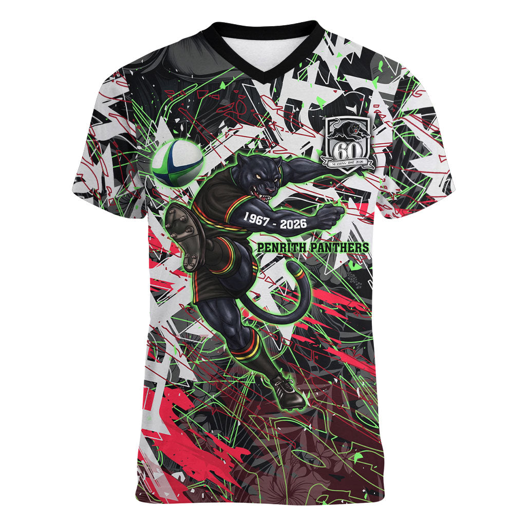 Personalised Penrith Panthers 60th Anniversary Women V-Neck T-Shirt Abstract Graffiti - Dynamic Mascot Illustration 2026