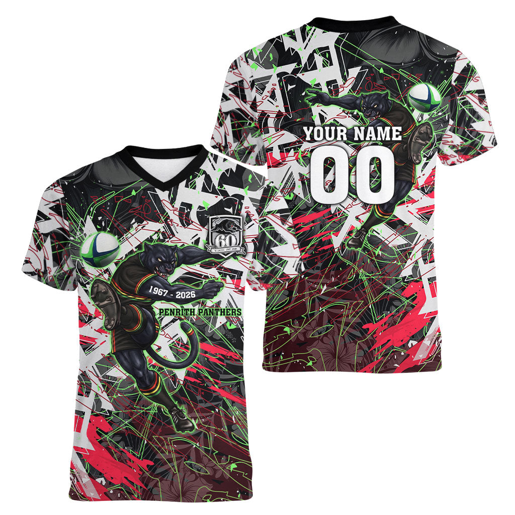 Personalised Penrith Panthers 60th Anniversary Women V-Neck T-Shirt Abstract Graffiti - Dynamic Mascot Illustration 2026