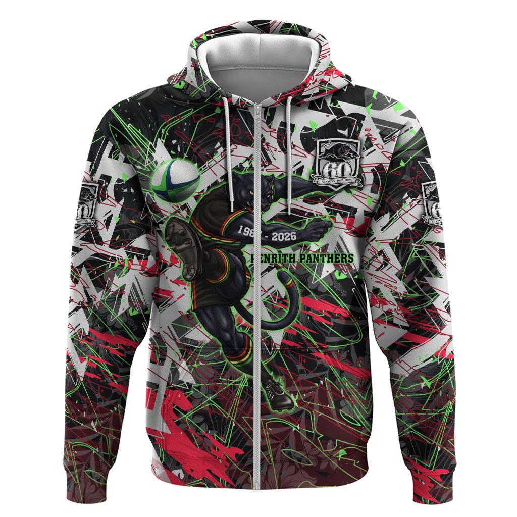 Personalised Penrith Panthers 60th Anniversary Zip Hoodie Abstract Graffiti - Dynamic Mascot Illustration 2026