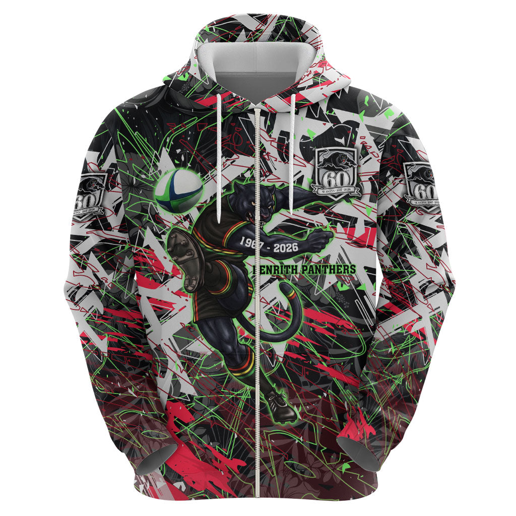 Personalised Penrith Panthers 60th Anniversary Zip Hoodie Abstract Graffiti - Dynamic Mascot Illustration 2026