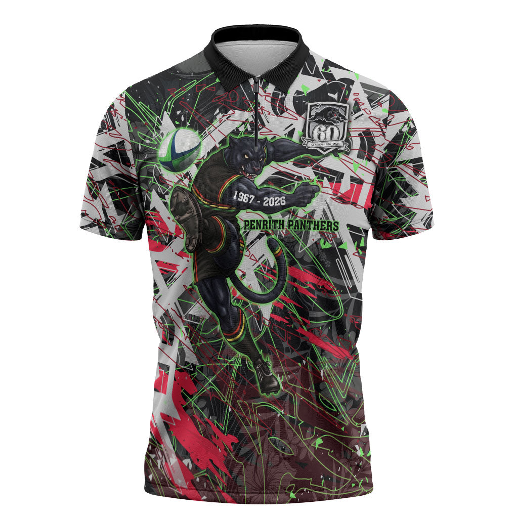Personalised Penrith Panthers 60th Anniversary Zipper Polo Shirt Abstract Graffiti - Dynamic Mascot Illustration 2026