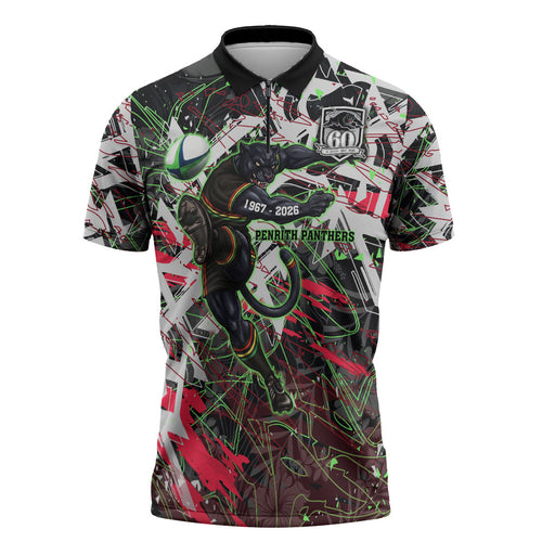 Personalised Penrith Panthers 60th Anniversary Zipper Polo Shirt Abstract Graffiti - Dynamic Mascot Illustration 2026