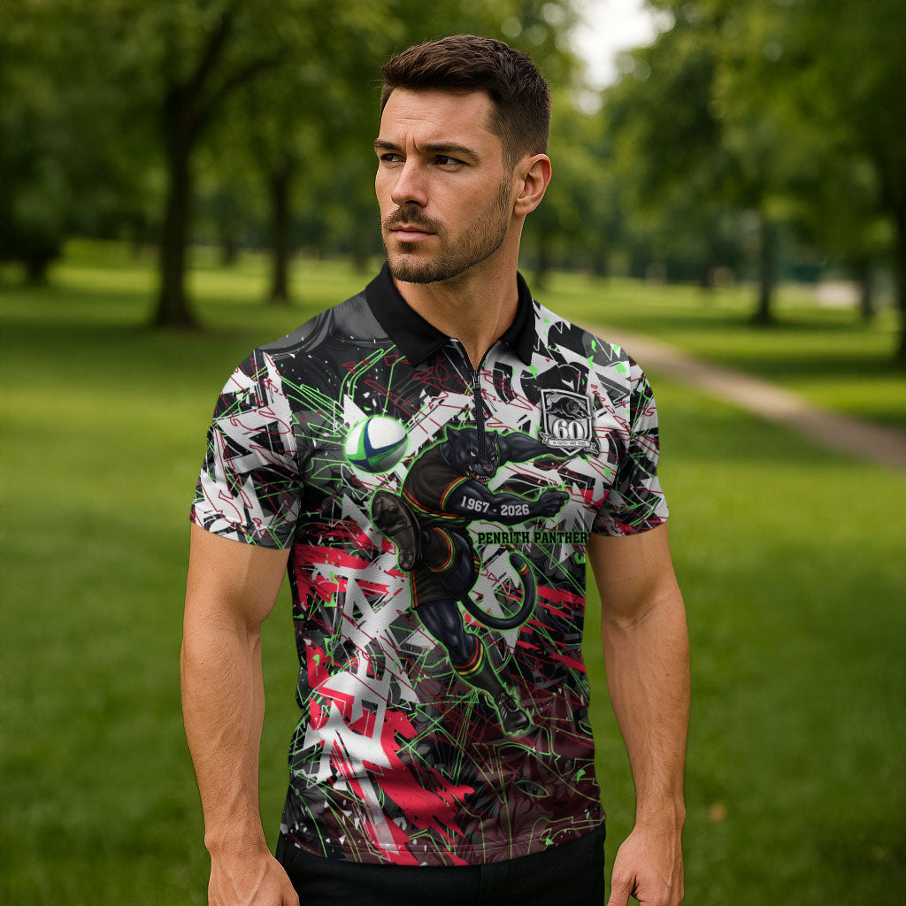 Personalised Penrith Panthers 60th Anniversary Zipper Polo Shirt Abstract Graffiti - Dynamic Mascot Illustration 2026