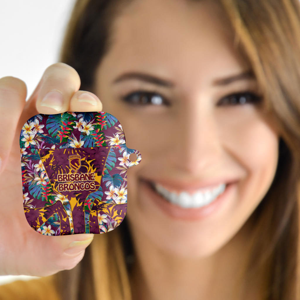 Brisbane Broncos AirPods Case Tropical Hibiscus Floral Pattern With Maroon And Yellow Accents