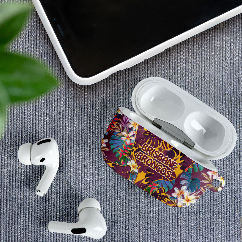 Brisbane Broncos AirPods Case Tropical Hibiscus Floral Pattern With Maroon And Yellow Accents