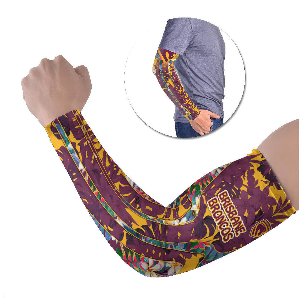 Brisbane Broncos Arm Sleeves Tropical Hibiscus Floral Pattern With Maroon And Yellow Accents