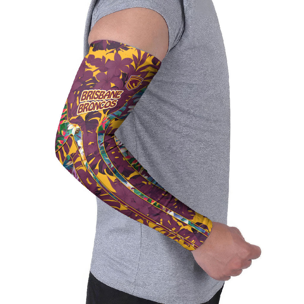 Brisbane Broncos Arm Sleeves Tropical Hibiscus Floral Pattern With Maroon And Yellow Accents