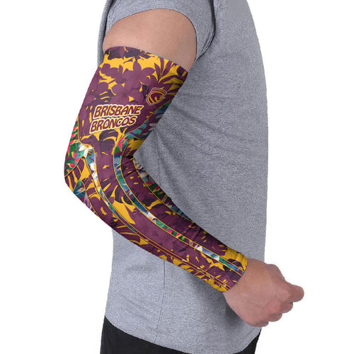 Brisbane Broncos Arm Sleeves Tropical Hibiscus Floral Pattern With Maroon And Yellow Accents