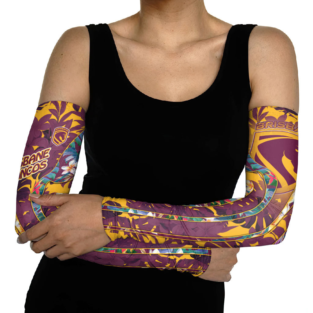 Brisbane Broncos Arm Sleeves Tropical Hibiscus Floral Pattern With Maroon And Yellow Accents