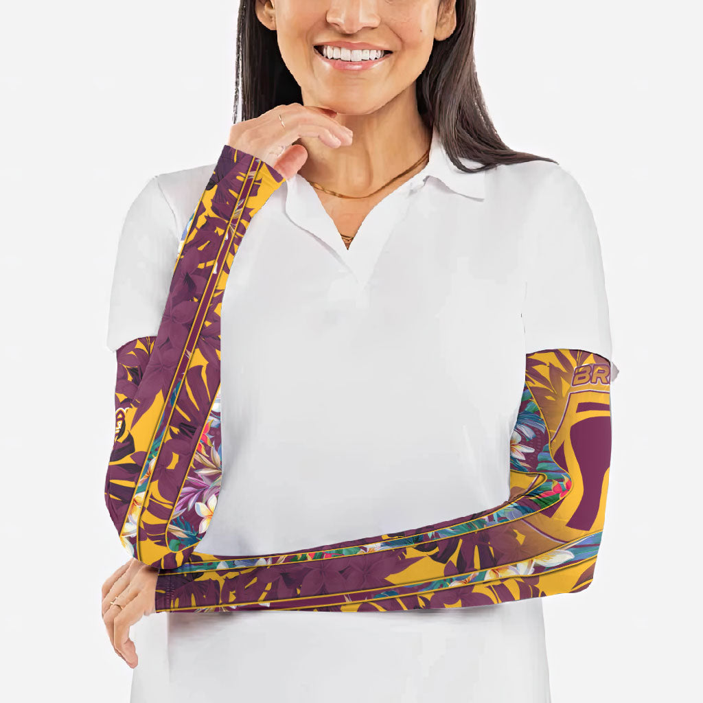Brisbane Broncos Arm Sleeves Tropical Hibiscus Floral Pattern With Maroon And Yellow Accents