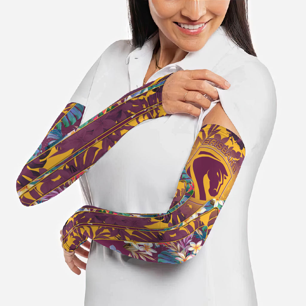 Brisbane Broncos Arm Sleeves Tropical Hibiscus Floral Pattern With Maroon And Yellow Accents