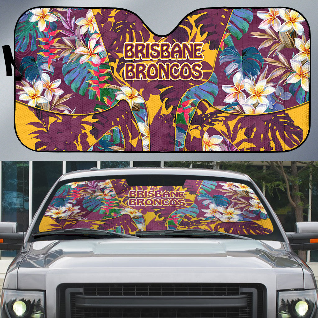 Brisbane Broncos Auto Sun Shade Tropical Hibiscus Floral Pattern With Maroon And Yellow Accents