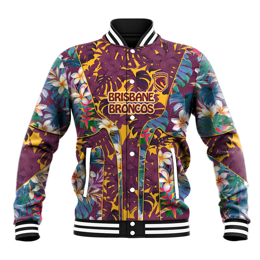 Brisbane Broncos Baseball Jacket Tropical Hibiscus Floral Pattern With Maroon And Yellow Accents