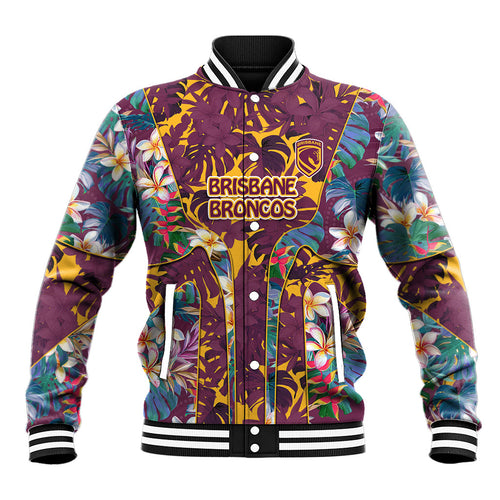 Brisbane Broncos Baseball Jacket Tropical Hibiscus Floral Pattern With Maroon And Yellow Accents