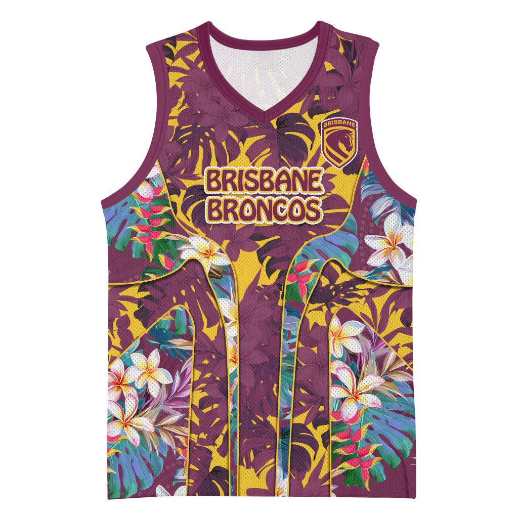 Brisbane Broncos Basketball Jersey Tropical Hibiscus Floral Pattern With Maroon And Yellow Accents