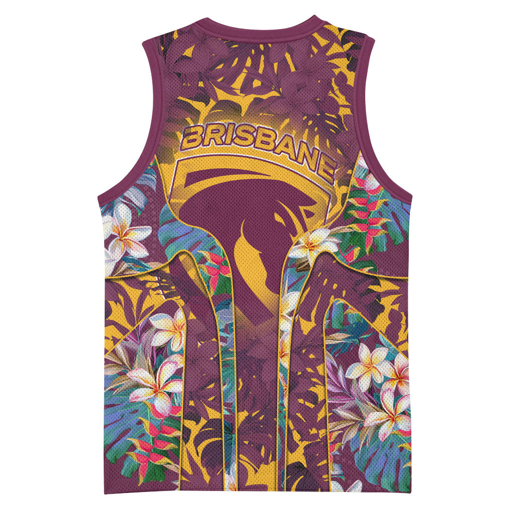 Brisbane Broncos Basketball Jersey Tropical Hibiscus Floral Pattern With Maroon And Yellow Accents