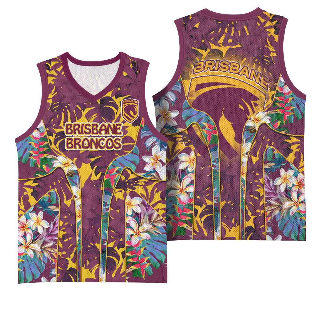 Brisbane Broncos Basketball Jersey Tropical Hibiscus Floral Pattern With Maroon And Yellow Accents