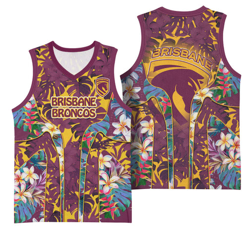 Brisbane Broncos Basketball Jersey Tropical Hibiscus Floral Pattern With Maroon And Yellow Accents