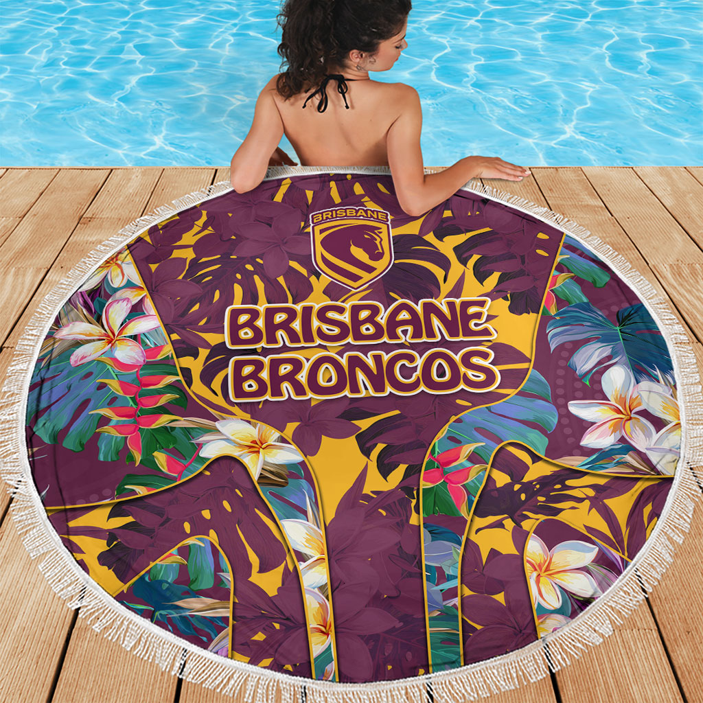 Brisbane Broncos Beach Blanket Tropical Hibiscus Floral Pattern With Maroon And Yellow Accents