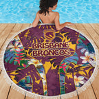 Brisbane Broncos Beach Blanket Tropical Hibiscus Floral Pattern With Maroon And Yellow Accents