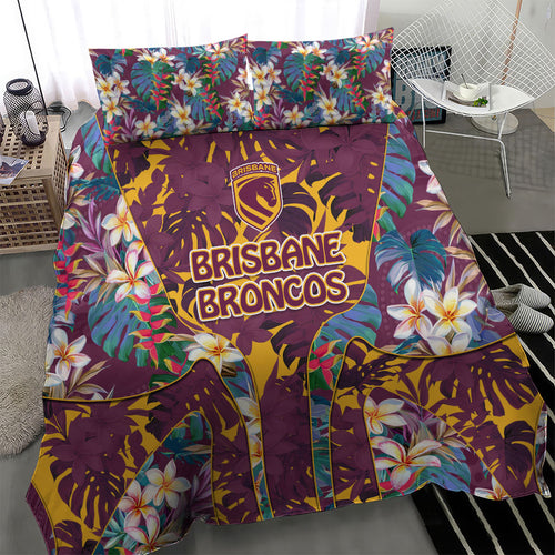 Brisbane Broncos Bedding Set Tropical Hibiscus Floral Pattern With Maroon And Yellow Accents
