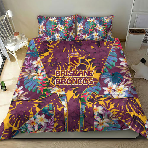 Brisbane Broncos Bedding Set Tropical Hibiscus Floral Pattern With Maroon And Yellow Accents